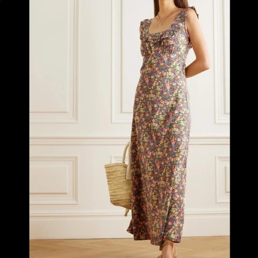 DOEN Cascade Dress Womens Medium Floral 100% Silk Maxi Ruffle Sundress Feminine